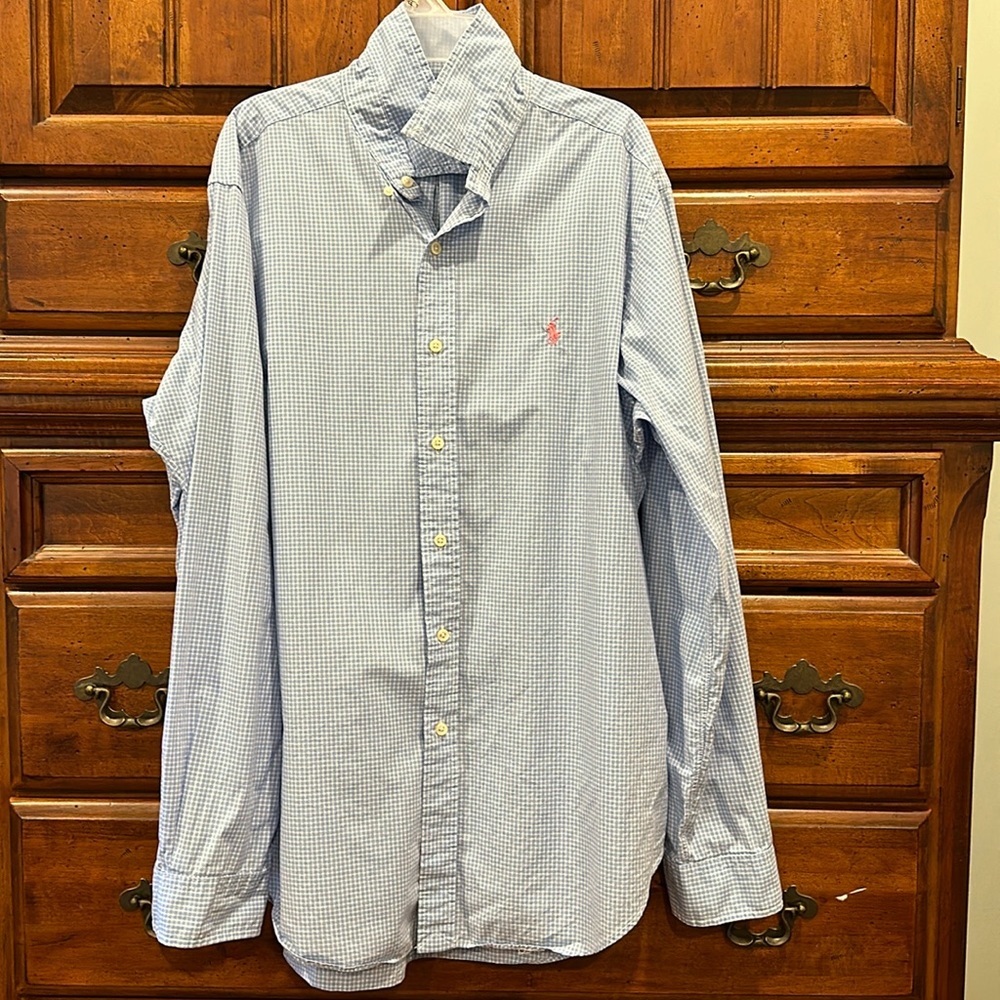 Polo Ralph Lauren Button Down Shirt Blue and White with Pink pony Size L Large